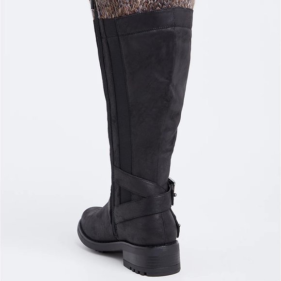 Torrid-Boots 7 Wide Knee High Black Sweater Trim Faux Leather Zip Strappy Buckle - Picture 3 of 5